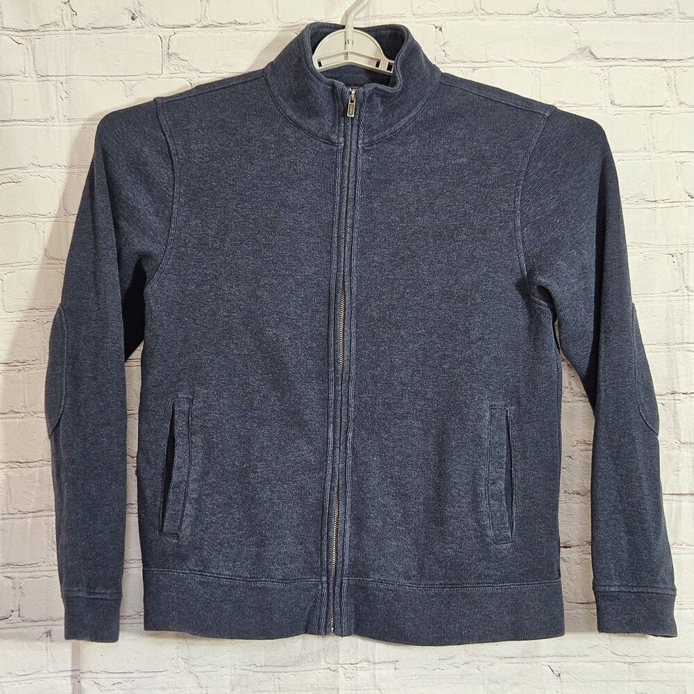 LL Bean Mens Size M Cotton Knit Full Zip Mock Neck Sweater Gray Blue Elbow Patch
